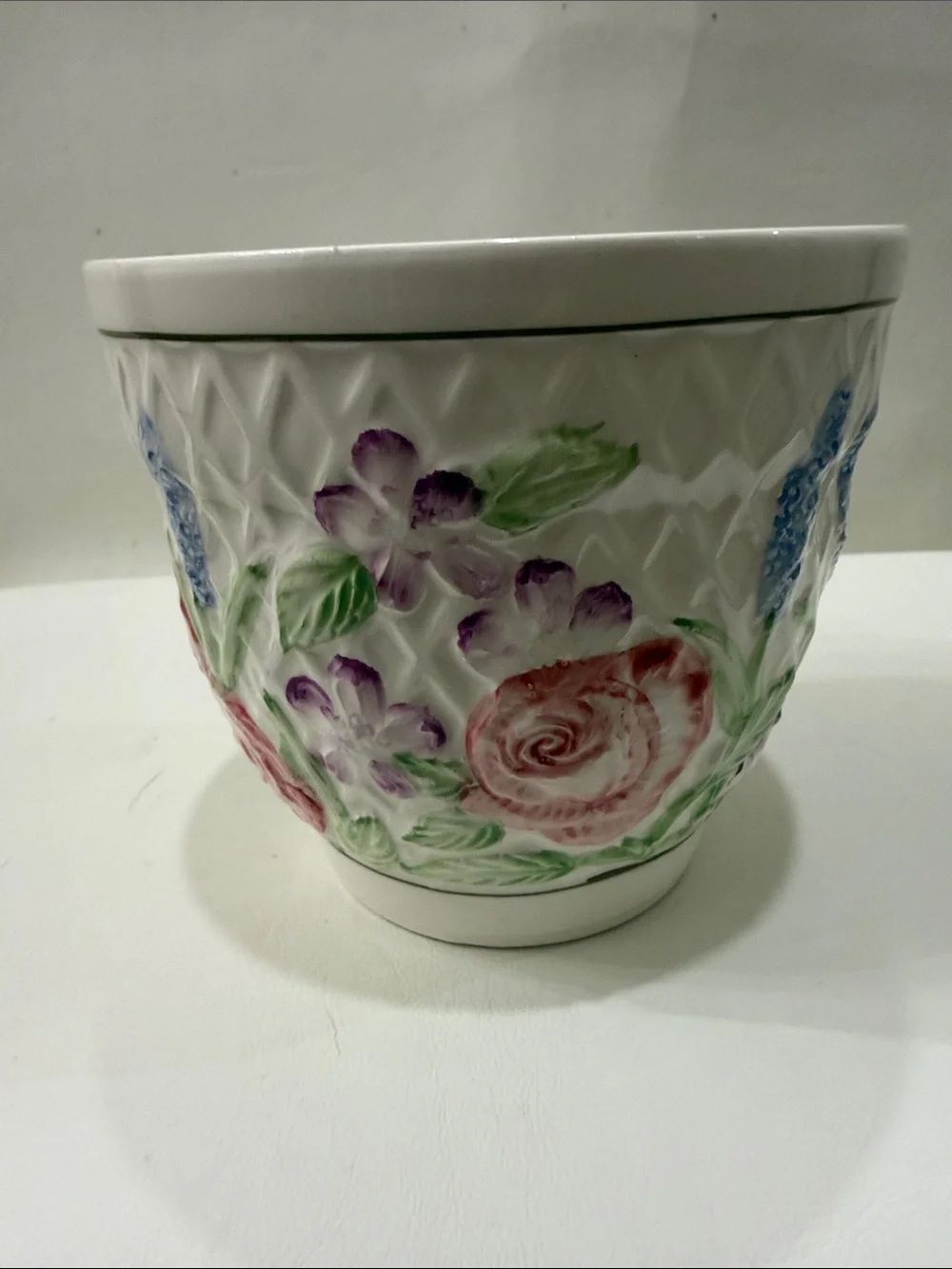 Ben Rickert Ceramic Cottage Floral Embossed Planter Pot Pink Purple Green Flower